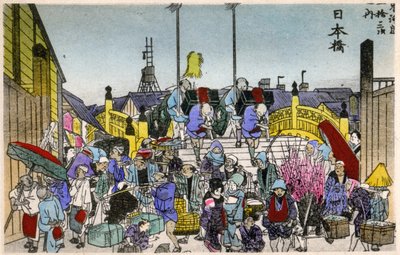 Geografie. Japan. De ochtendgloed bij de Nihonbashi (1e station). Houtsnede door Hiroshige in: Drieënvijftig stations van de Tokaido (1833-1834). Ansichtkaart, Japan, c.1900 door Ando or Utagawa (after) Hiroshige