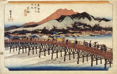(figuren die een brug oversteken) door Ando or Utagawa Hiroshige