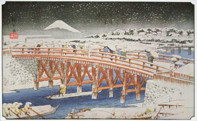 Een brug in Yedo met de berg Fuji op de achtergrond door Ando or Utagawa Hiroshige