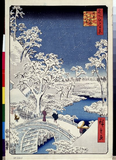Honderd beroemde uitzichten van Edo: Yuhi-heuvel en de trommelbrug in Meguro door Ando or Utagawa Hiroshige