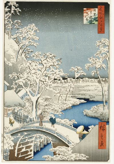 Drumbrug en "Ondergaande zon"-heuvel, Meguro, uit de serie "Honderd gezichten op beroemde plaatsen in Edo" door Ando or Utagawa Hiroshige