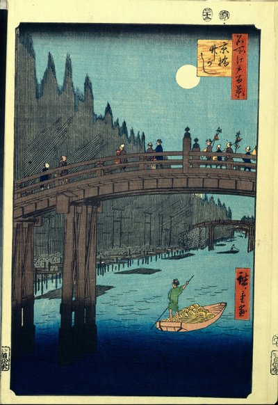 Japanse prent: De bamboekade bij de Kyobashi-brug (Tokio, Japan). Serie honderd beroemde uitzichten van Edo door Ando or Utagawa Hiroshige