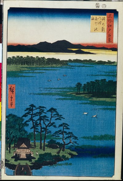 Japanse prent: De Benten-tempel aan de oevers van het Inokashira-meer (Tokio, Japan) door Ando or Utagawa Hiroshige