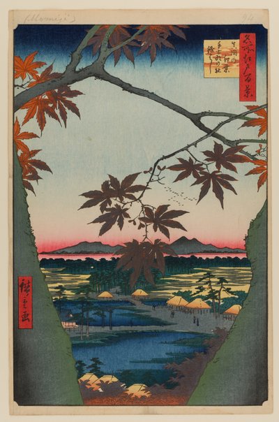 Esdoorns bij Mama, Tekona-heiligdom en Verbonden Brug door Ando or Utagawa Hiroshige