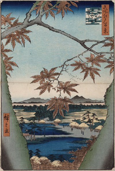 Esdoornbladeren en het Tekona Heiligdom, en de Brug bij Mama, uit de serie "Honderd Zichten op Beroemde Plaatsen in Edo" door Ando or Utagawa Hiroshige