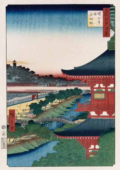 "Pagode van Zojoji, Akabane", uit de serie "Honderd uitzichten van beroemde plaatsen in Edo" door Ando or Utagawa Hiroshige