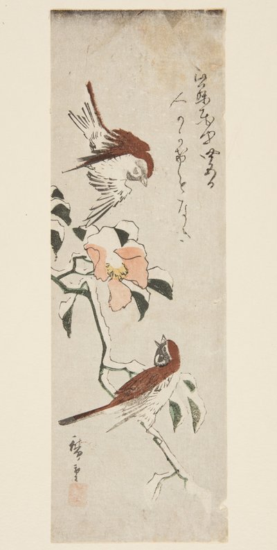 Mussen en Camelia in de Sneeuw door Ando or Utagawa Hiroshige