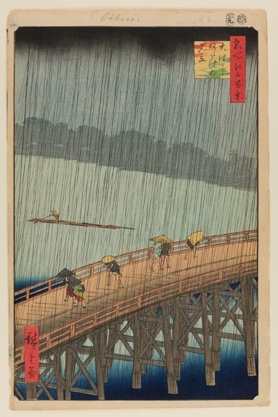 Plotselinge regenbui over Shin-Ohashi brug en Atake (Ohashi Atake no Yudachi) door Ando or Utagawa Hiroshige