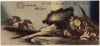Twee leeuwen op een klif door Ando or Utagawa Hiroshige