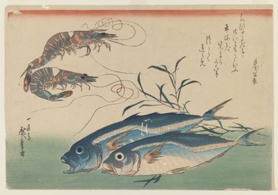 Twee Garnalen met Twee Horsmakrelen, ca.1832-33 (kleur houtsnede op papier) door Ando or Utagawa Hiroshige