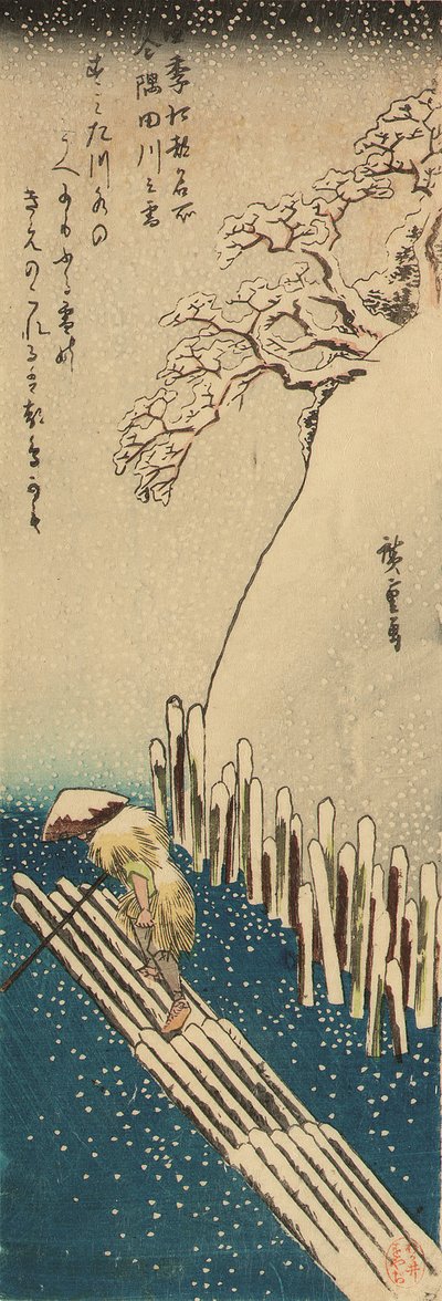 Wintersneeuw op de Sumida-rivier, uit de serie Beroemde plaatsen in Edo in de Vier Seizoenen door Ando or Utagawa Hiroshige