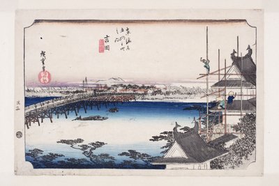 Yoshida: De Toyokawa Rivierbrug door Ando or Utagawa Hiroshige