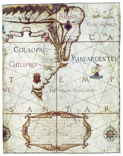 Kaart van Zuid-Amerika, in Universa ac Navigabilis Totius Terrarum Orbis Descriptio 1559 door André Homem