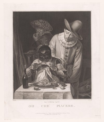 Gemaskerde man met Pierrot en man met hoed door André Joseph Mécou