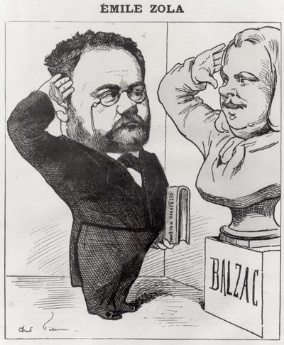 Karikatuur van Emile Zola die een buste van Honore de Balzac groet, 1878 door Andre Gill