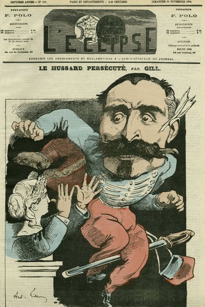 Cartoon de huzaar vervolgt (door Marianne die zijn neus doet), Monsieur de Saint-Genest. Omslag in L