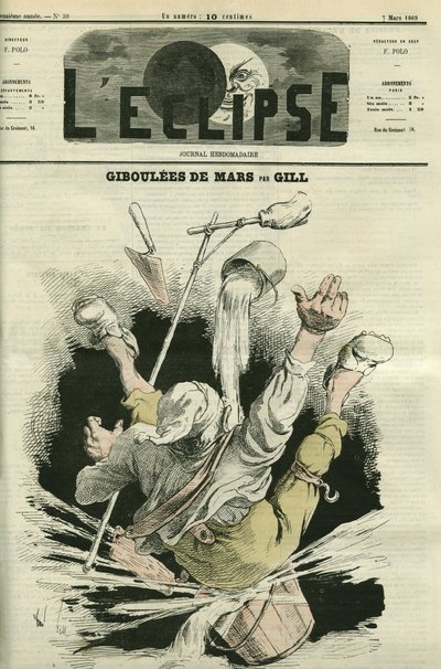Giboulees de mars, illustratie van een man die in een emmer valt. Omslag in 