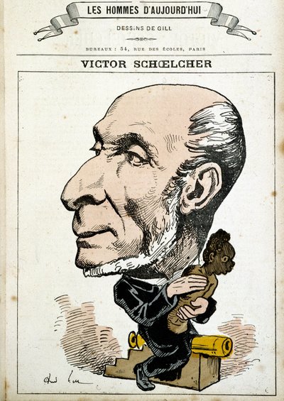 Humoristische tekening over Victor Schoelcher en de afschaffing van de slavernij - door Gill, in “The Men of Today” door Andre Gill