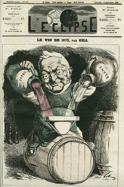 De wijn van 1872, illustratie door Adolphe Thiers, menging van witte en rode wijn. Omslag in 