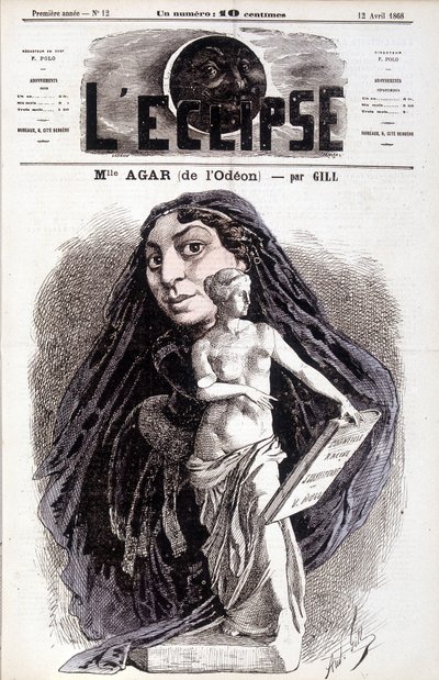 Mademoiselle Agar (van de Odéon) Actrice bij de Franse Academie. Tekening door Gill in de Eclipse door Andre Gill