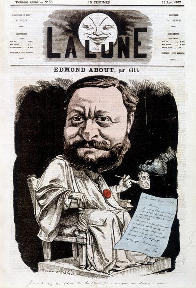 Portret van Edmond About, Franse schrijver (1828-1885). In La lune, 25/08/1867. Karikatuur door Gill. door Andre Gill