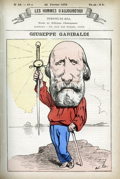 Portret van Giuseppe Garibaldi, Italiaanse politicus. Karikatuur door Gill, in 