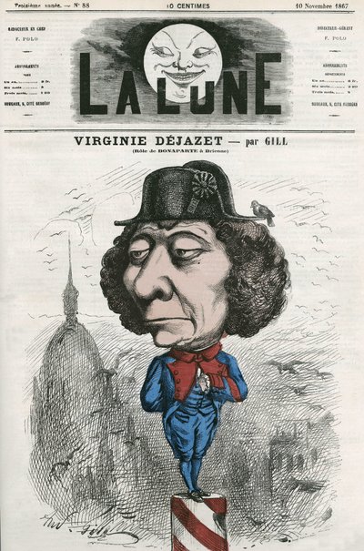 Portret van Virginie Dejazet (1798-1875), Franse actrice in de rol van Bonaparte. Cartoon door Gill, in 