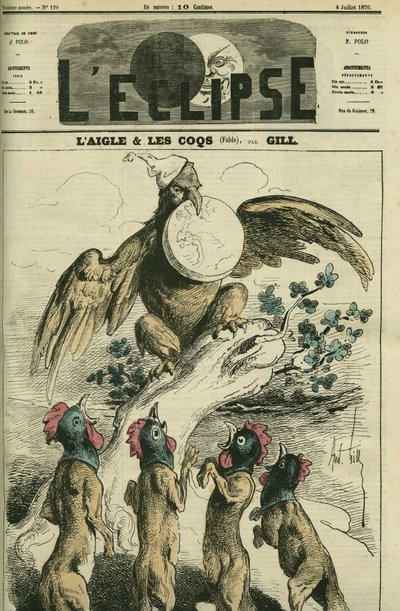 De adelaar en de hanen, volgens de fabel, de Napoleontische adelaar houdt Frankrijk in zijn snavel klaar om het los te laten aan vossen met een hanenkop. Omslag in L