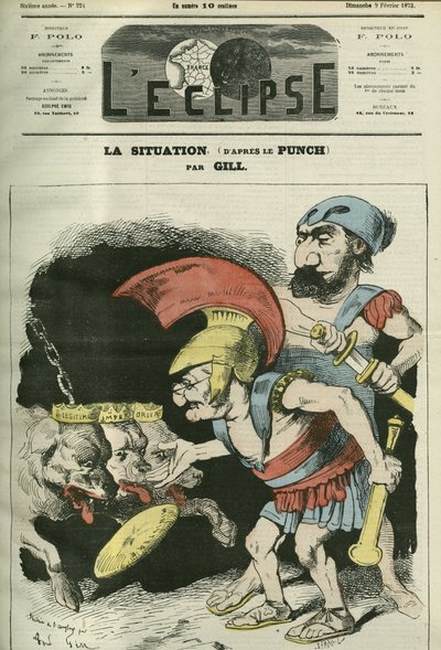 De situatie, cartoon door Adolphe Thiers (1797-1877) en Leon Gambetta (1838-1882) die een ministerie geven aan royalistische en bonapartistische honden. Omslag in 