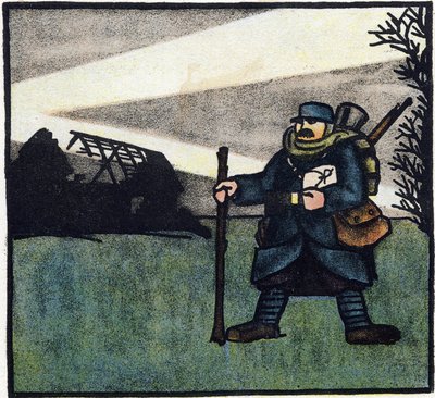 Eerste Wereldoorlog 1914-1918: Harige. Portret van een Franse soldaat in militair uniform met rugzak, tas en geweer. Gravure in 
