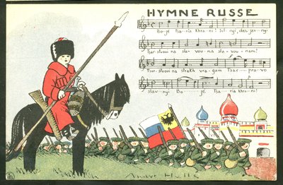 Satirische ansichtkaart in kleuren: Russisch volkslied - Oorlog van 14-18, Rusland, Zingen - Soldaten Illustratie door Andre Helle (1875-1945) door Andre Helle