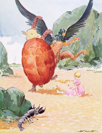 Alice, de Gryphon en de Mock Turtle, illustratie uit 