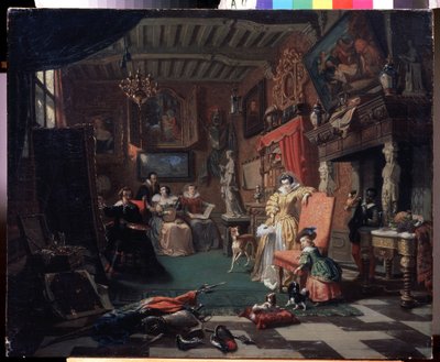 Het atelier van schilder Anthony van Dyck die een portret schildert door Andre Plumot