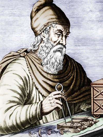 Archimedes (287-212 v.Chr.), Grieks-Siciliaanse natuurkundige en wiskundige, ingekleurde gravure door Andre Thevet