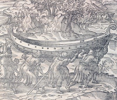 Lappen dragen hun boten van de ene plaats naar de andere, gravure uit Universal Cosmology, door Andre Thevet, Parijs door Andre Thevet
