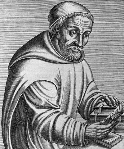 Portret van Rabanus Maurus Magnentius (gestorven 856), Duitse Benedictijnse monnik en theoloog, gravure uit Les vrais pourtraits et vies des hommes illustres grecz, latins et payens, door Andre Thevet door Andre Thevet