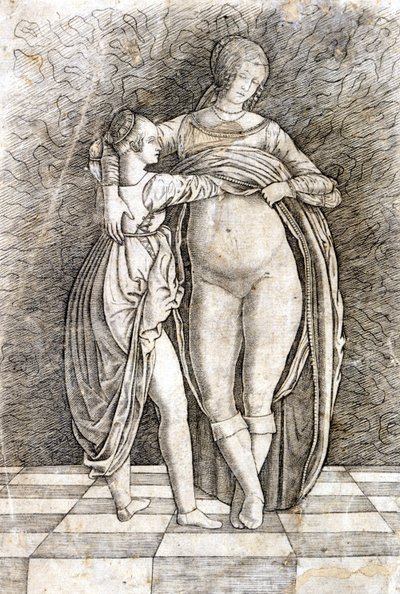 Een jong meisje kleedt een vrouw uit. Gravure door Andrea Zoan. 15e eeuw door Andrea (attr. to) Zoan