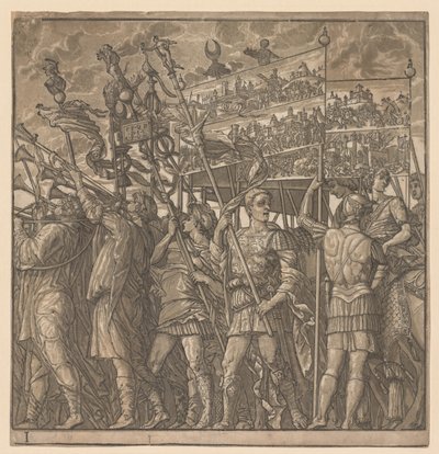 De Triomf van Julius Caesar: Soldaten die de Afbeeldingen van de Oorlog Dragen door Andrea Andreani