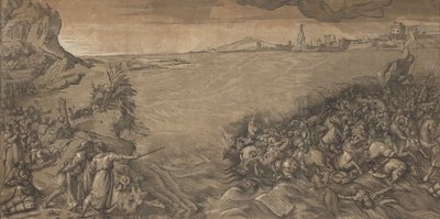 De oversteek van de Rode Zee, Mozes staat links en wijst naar het leger dat wordt ondergedompeld door Andrea Andreani