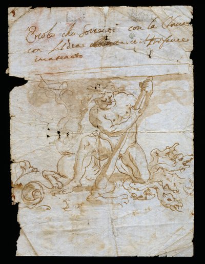 Ontwerptekening voor vazenstandaard, basis die Hercules met Hydra en Cerberus uitbeeldt, Andrea Brustolon (1662-1732), aquarelpen op wit papier, Italië door Andrea Brustolon