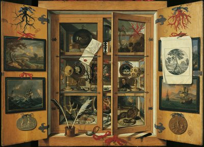 Kabinet van curiositeiten (met glazen deuren) met verschillende objecten, door Andrea Dominico Remps (1621-1699) door Andrea Domenico Remps