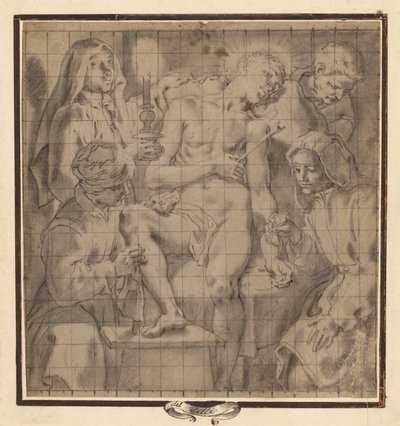 Figuren die de gewonde Sint-Sebastiaan verzorgen door Andrea Lilio
