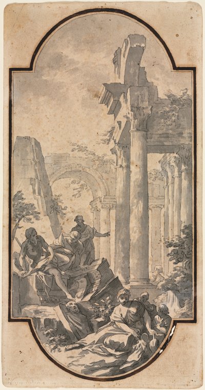 Figuren bij de ruïnes van een Korinthische tempel recto, Fragment van een boog tracing van recto verso door Andrea Locatelli