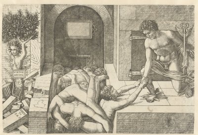 Mercurius als personificatie van Deugd red zielen bij voorgeborchte en Daphne verandert in boom door Andrea Mantegna (school of)