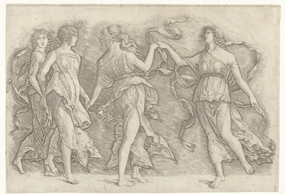 Vier dansende vrouwen door Andrea Mantegna (school of)