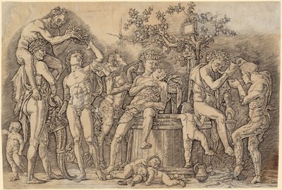 Bacchanaal met een wijnvat door Andrea Mantegna