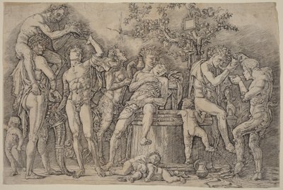 Bacchanaal met een wijnvat door Andrea Mantegna