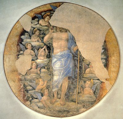 Christus stijgt op naar de hemel in glorie omringd door engelen, circa 1488, toegeschreven aan Andrea Mantegna, fresco door Andrea Mantegna