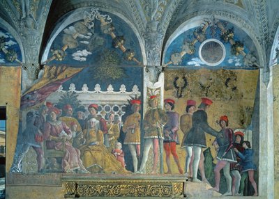 Markies Ludovico Gonzaga III, zijn vrouw Barbara van Brandenburg, hun kinderen, hovelingen en hun hond Rubino, uit de Camera degli Sposi of Camera Picta, 1465-74 door Andrea Mantegna