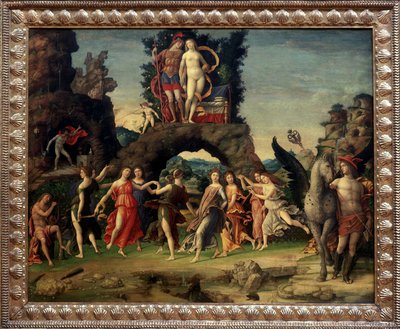 Mars en Venus of De Parnassus. Schilderij dat Mars en Venus op de rots, Pegase en Mercurius, Apollo en de negen muzen Calliope (epische poëzie), Clio (geschiedenis), Erato (lyrische kunst), Euterpe (muziek), Melpomene (tragedie), Polymnie (retoriek), Terps door Andrea Mantegna